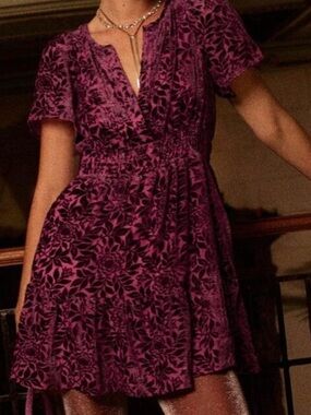 Anthropologie Somerset Plum Velvet Floral Mini Dress